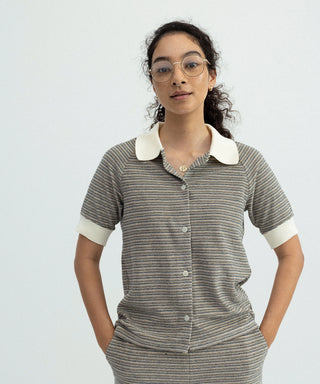 [SEAGREEN] PILE BORDER TIGHT BLOUSE パイルボーダータイトブラウス